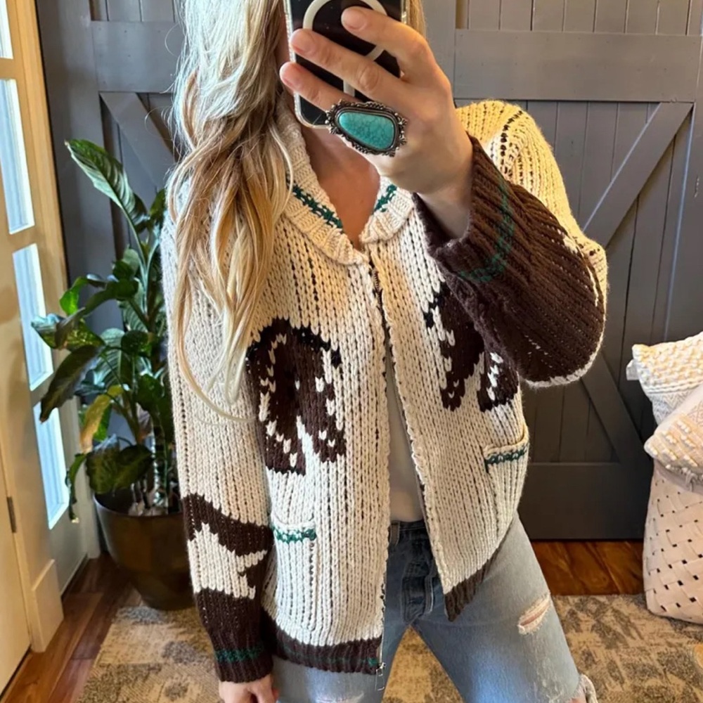 Knitted Horse Print Cardigan Sweater Western Rodeo Cowichan Vintage Quilted Coat - Picture 2 of 8